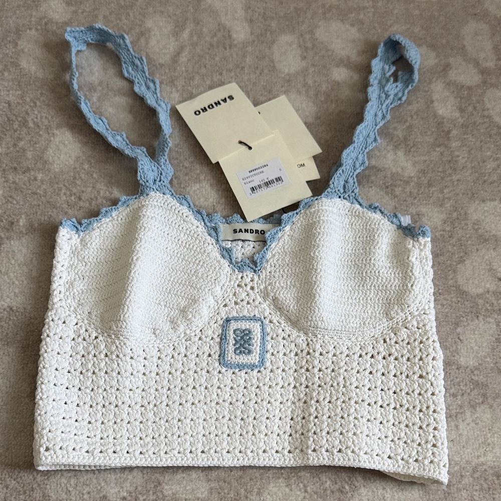 Sandro Crochet Top in White and Light Blue